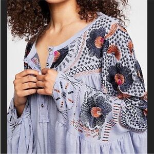 Free People Delhi Moon Embroidered Boho Blouse Cream SMALL